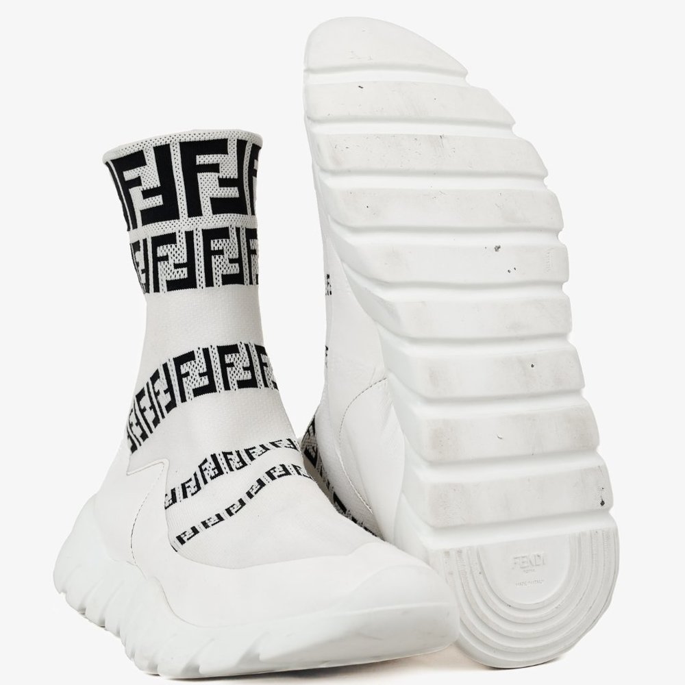 Fendi White FF Motif Tech Fabric High-Top Sneakers, Size 9